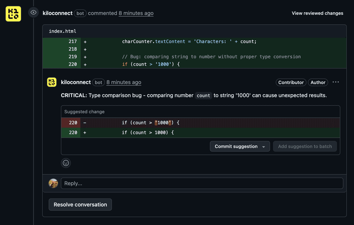 Actionable feedback on pull request