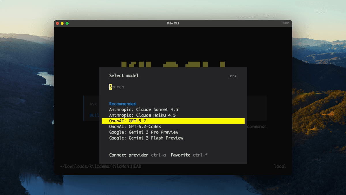 Kilo CLI model list showing available AI models