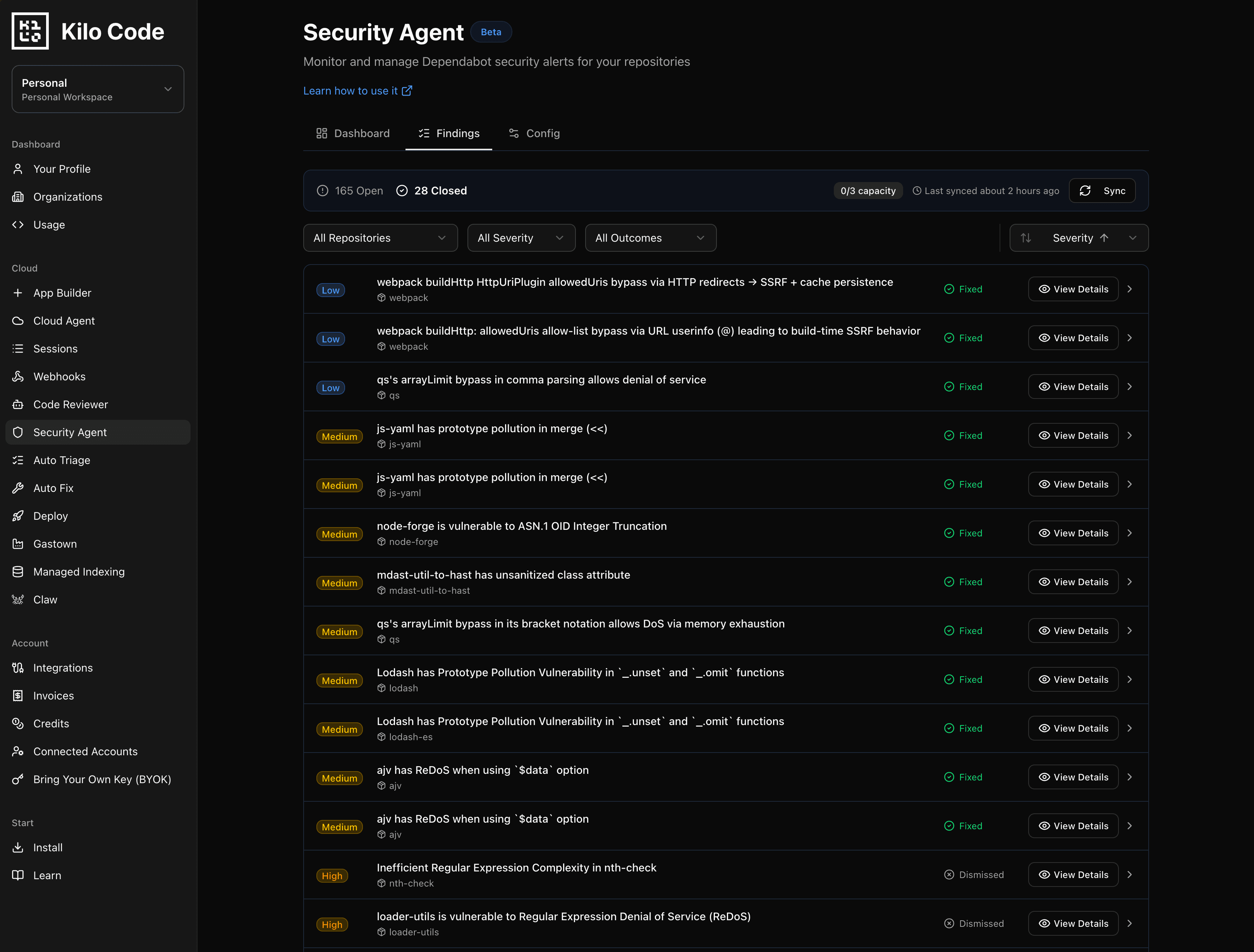 Security Agent Dashboard showing security findings