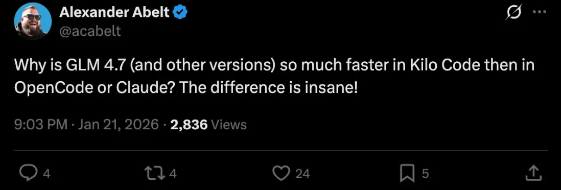 Tweet from Alexander Abelt about GLM-4.7 performance in Kilo Code