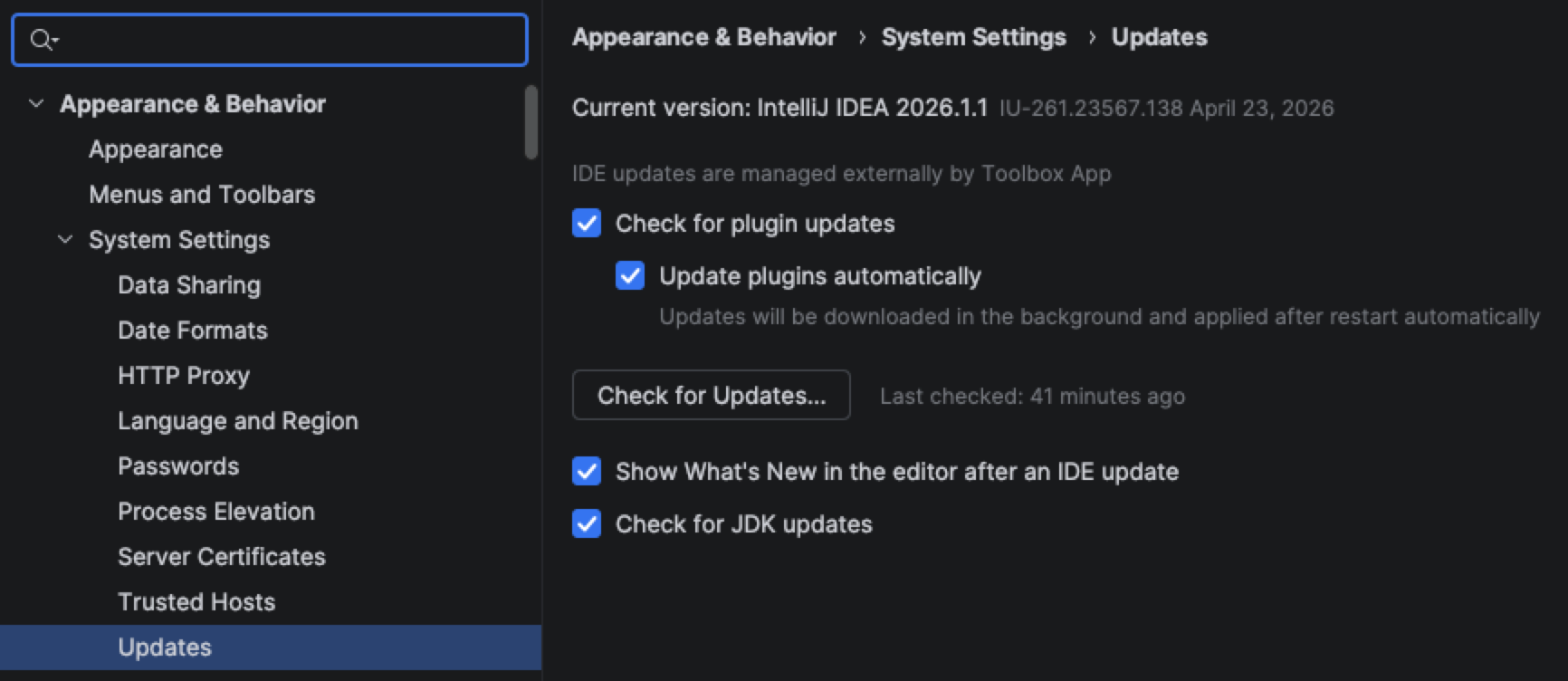 JetBrains Updates settings with Update plugins automatically enabled