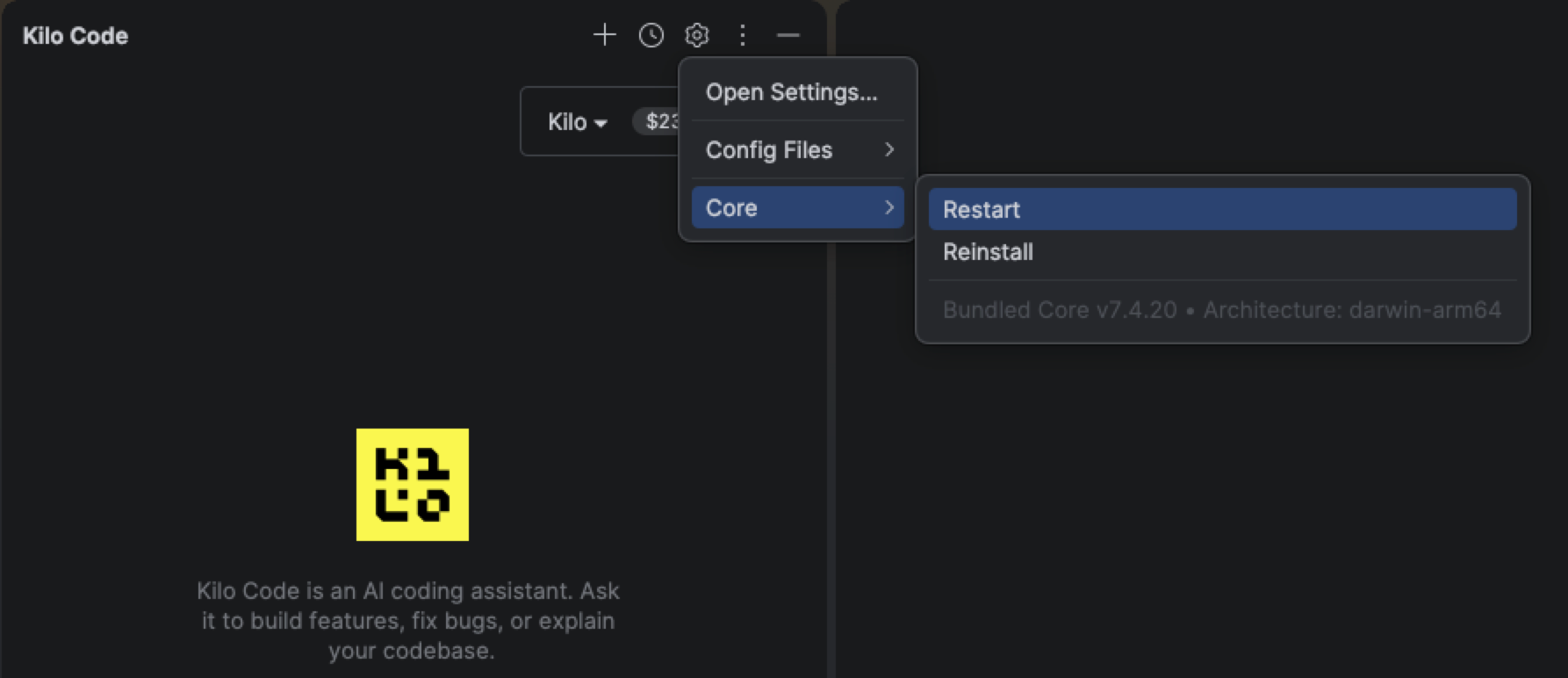 Kilo Code tool window Core menu showing Bundled Core and the current architecture