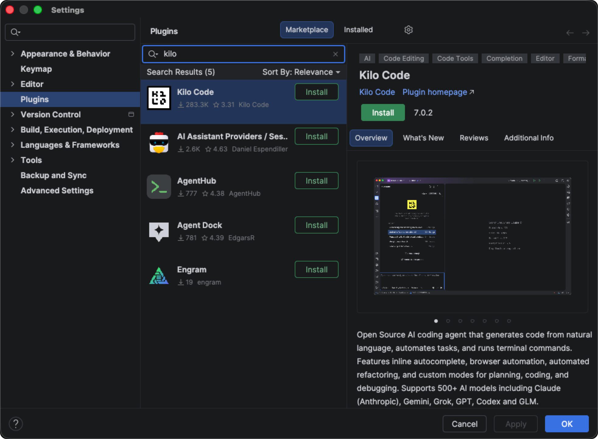 JetBrains Plugins Marketplace showing the Kilo Code plugin search result